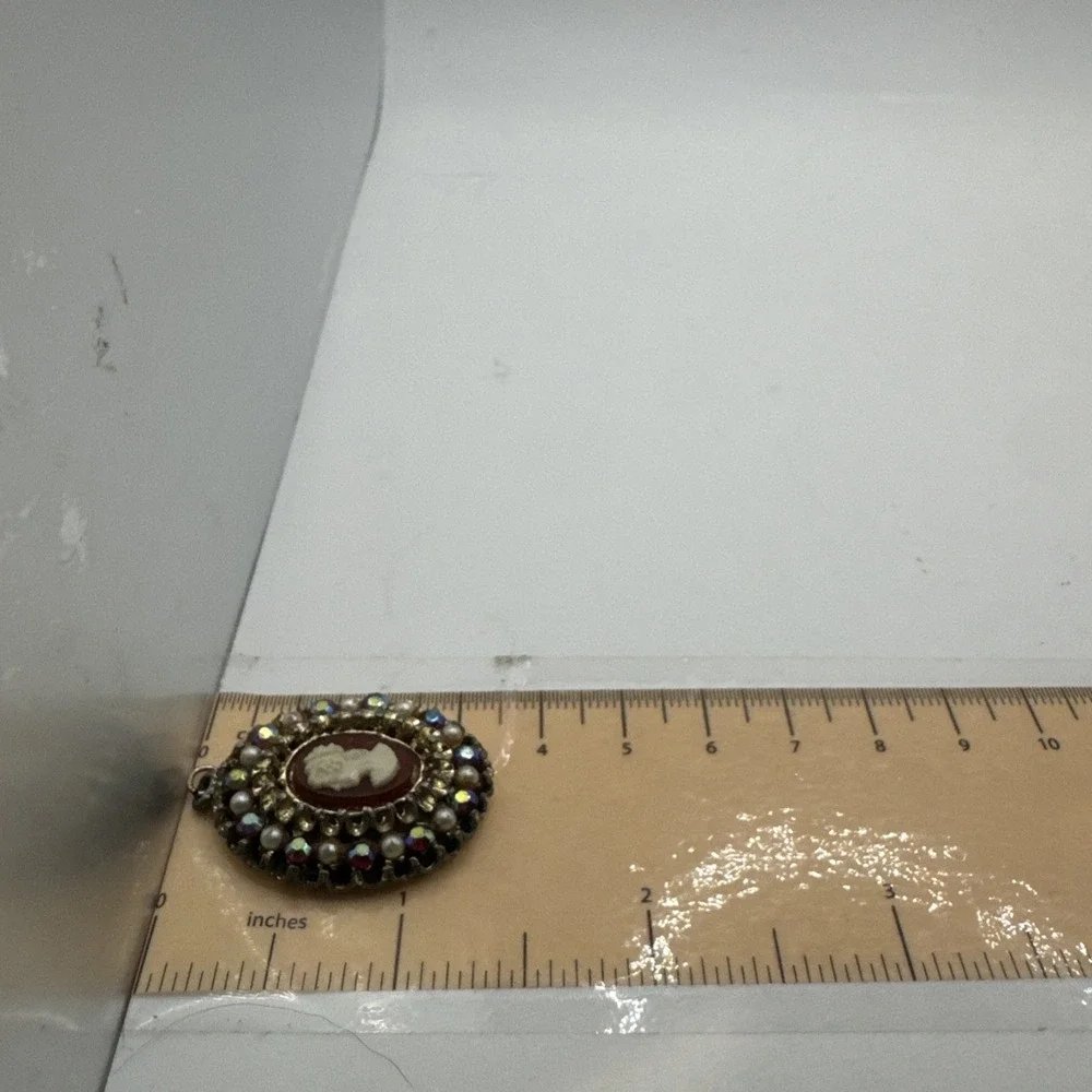 Vtg Cameo Pendant with Faux Pearls & Aurora Borealis Rhinestones - Left‎ Facing